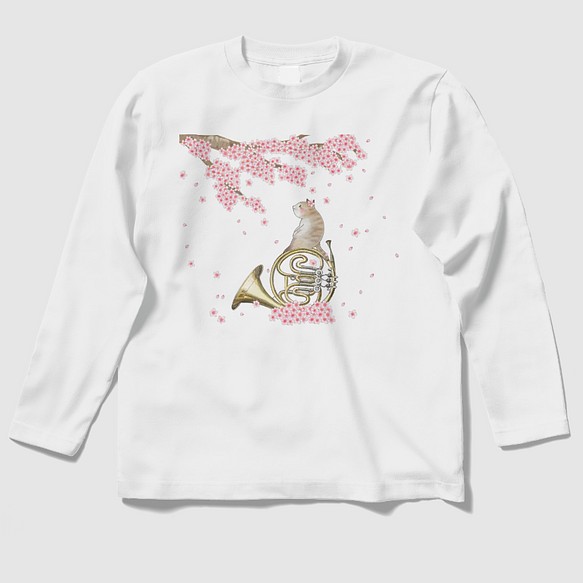 桜とホルン猫の長袖Ｔシャツ(白) 1枚目の画像
