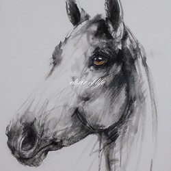 馬の白黒のポートレート２０２２（墨絵、厚い和紙２６ｃｍ×３６ｃｍ） 1枚目の画像