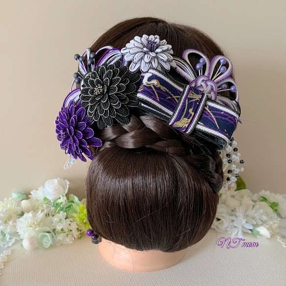 成人式卒業式結婚式・水引髪飾り・10点セット・黒紫 1枚目の画像