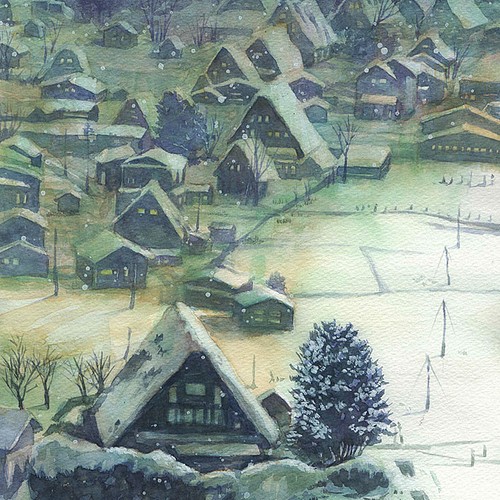 風景画A4ポスター3点セット「冬の集落、群青の森、安曇野の水車小屋 ...