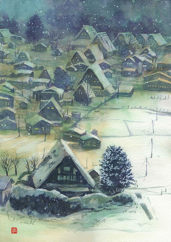 風景画A4ポスター3点セット「冬の集落、群青の森、安曇野の水車小屋」 1枚目の画像