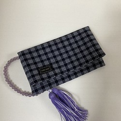 数珠袋（筒状）　紺×白チェック　ウールポリ 1枚目の画像