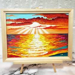 油絵 絵画 夕日の海 【Ａ4】-