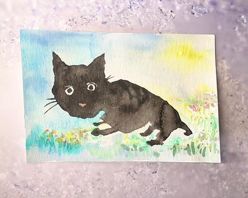 月夜のお散歩 黒猫 ねこ 原画 ポストカード 葉書サイズ 水彩画 