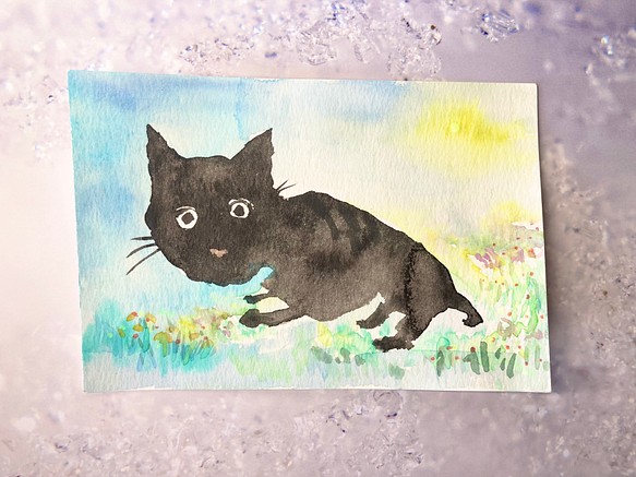 月夜のお散歩　黒猫　ねこ　原画　ポストカード　葉書サイズ　水彩画　 1枚目の画像