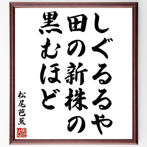 松尾芭蕉の俳句・短歌「しぐるるや、田の新株の、黒むほど」額付き書道