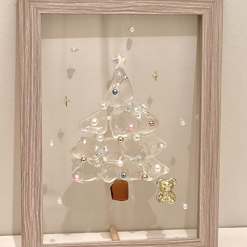 シーグラスアート ホワイトクリスマス クリスマスツリーとベア 立体 