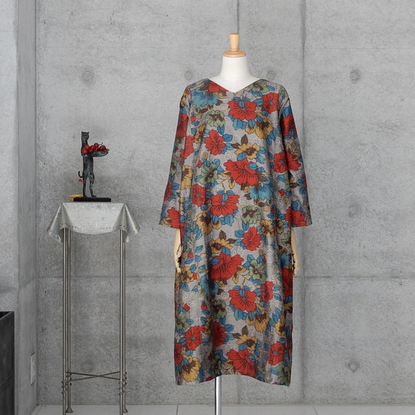 着物リメイク　紬のワンピース/Aライン　 フリーサイズ