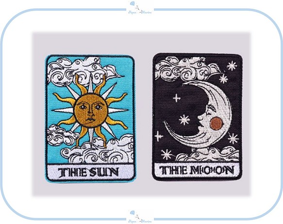 ES61 アップリケ 刺繍 アイロン ワッペン the sun / the moon 太陽 月 タロットカード風 海外 1枚目の画像