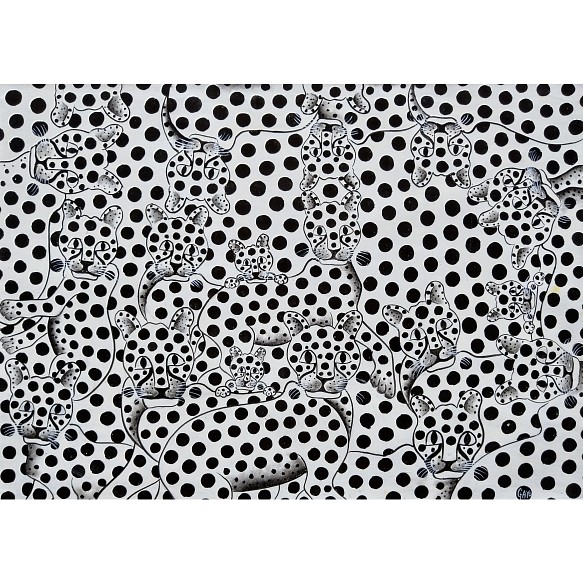 アフリカ絵画『 Leopard faces B/W 』ティンガティンガ by Gayo 50