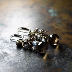 豐滿的煙晶，重度拉長石，Herkimer 鑽石，民族鐘形耳環 第1張的照片