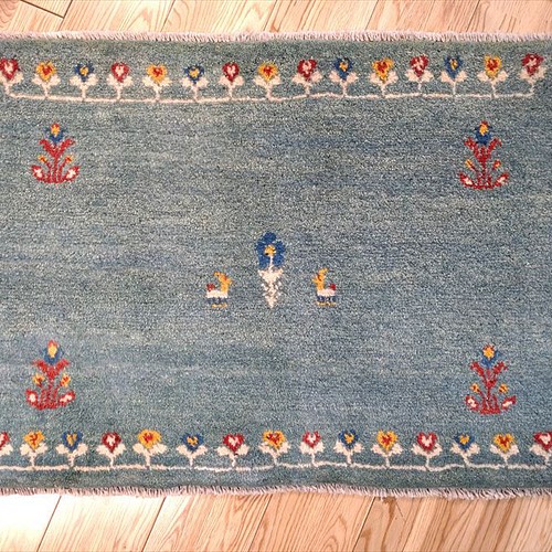 ペルシャ ギャッベ 玄関マット 88×62 水色 花 カーペット・絨毯・ラグ 