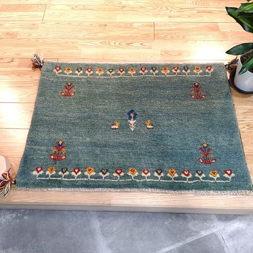 ペルシャ ギャッベ 玄関マット 88×62 水色 花 カーペット・絨毯・ラグ 