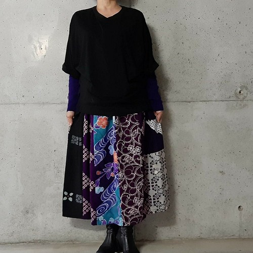 絹生地 ギャザースカート フリーサイズ 紫 普段着 着物リメイク 