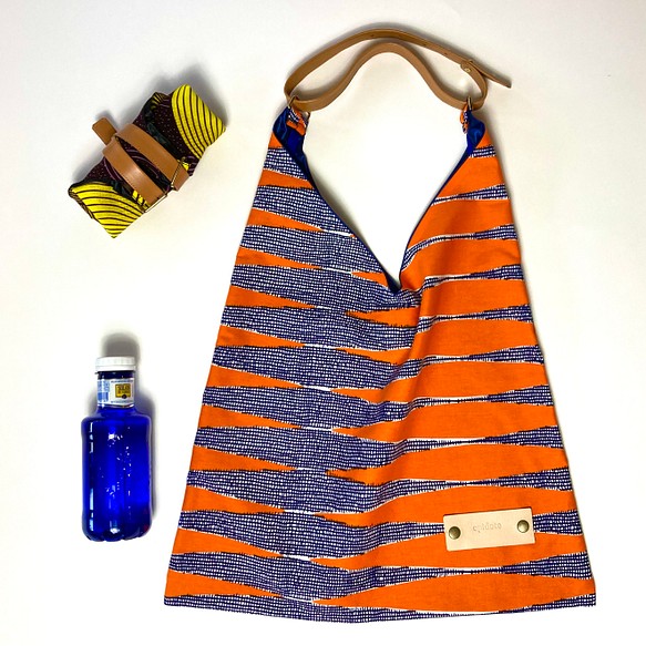 African print × Real leather Folding bag  / L/orange 1枚目の画像