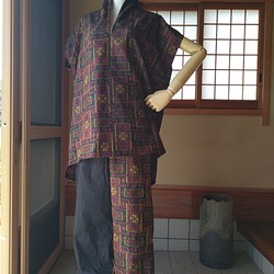 着物リメイク　紬　セットアップ　大きめサイズ 1枚目の画像