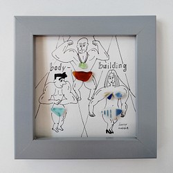 シーグラスアート「ボディビルダー」　ミニ額　イラスト　筋肉 1枚目の画像