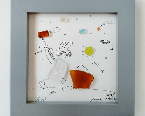 シーグラスアート「うさぎの餅つき」 ミニ額 イラスト 月 兎年 