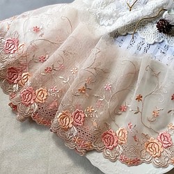 1m 広幅 美しい 花 フラワー 刺繍 チュールレース オレンジピンク系 BK221041 ハンドメイド 手芸 素材 1枚目の画像