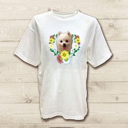 半袖Tシャツワンちゃん 顔出しワンちゃん かわいい飾り枠イラスト 花束 ブーケ ポメラニアン ペットの写真で作る Dog 1枚目の画像