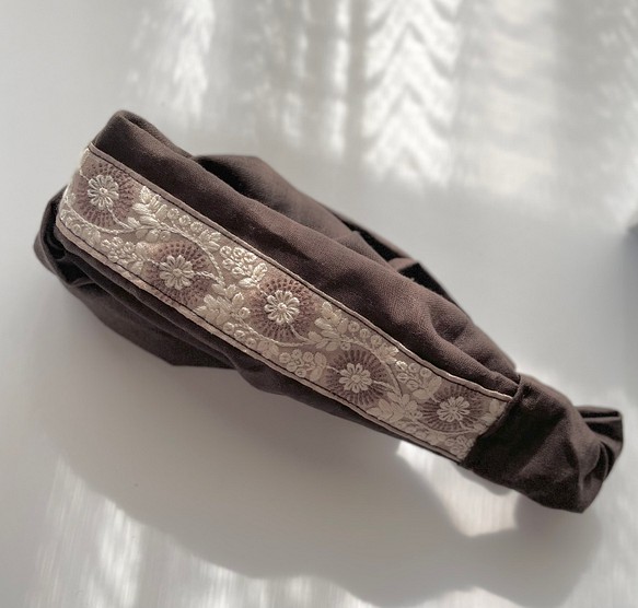 インド刺繍リボン×ハーフリネン柔らかクロスターバン/ブラウン ヘア 