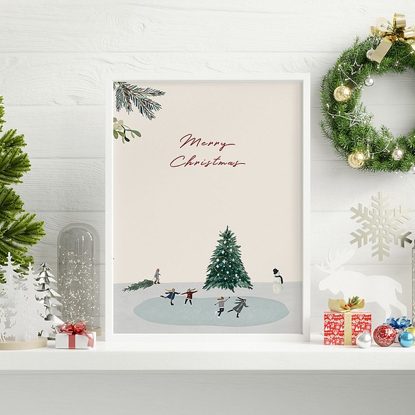 雪景色のポスター　/ i1023 / 北欧のクリスマス　雪の中スケートをする人々 1枚目の画像