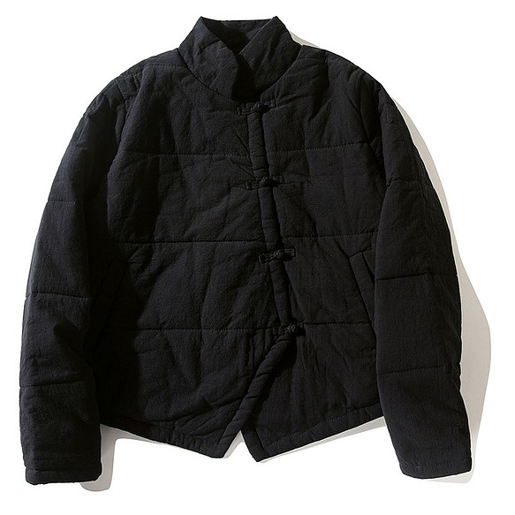 綿麻中綿ジャケット　スタンドカラー　暖かいジャケット　ショートジャケット　ブラック　#L114BL 1枚目の画像
