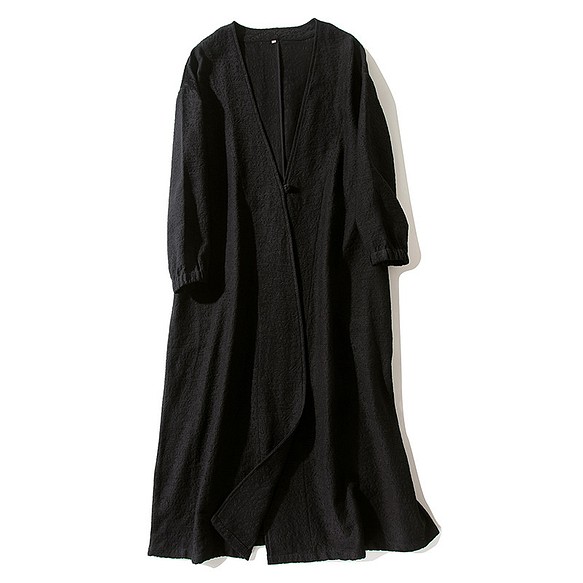 ジャガード織りコットンリネン 綿麻ロングジャケット　羽織　コート　カーディガン  ブラック　L120BL 1枚目の画像