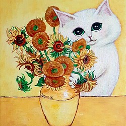 大阪 絵画。壁掛け原画【2匹のかわいい猫と花のコーヒーカップ】 絵画