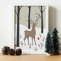 森の中の鹿のポスター　/ i1030 / 北欧の可愛い動物たち　クリスマスの子供部屋にも 1枚目の画像