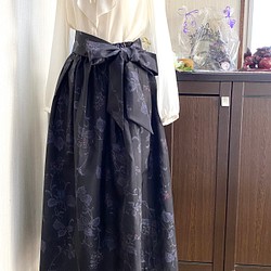 大島紬　3柄　紺色系パッチワーク　スカート　花柄　着物リメイク　ミモレ~ロング丈　154