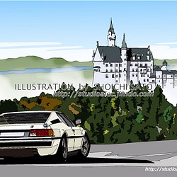 版画作品　「白い幻影〜ノイシュヴァンシュタイン〜」ドイツのノイシュヴァンシュタイン城を臨むBMW M1のイラスト 1枚目の画像