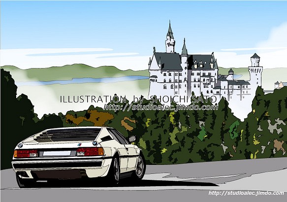 版画作品　「白い幻影〜ノイシュヴァンシュタイン〜」ドイツのノイシュヴァンシュタイン城を臨むBMW M1のイラスト 1枚目の画像