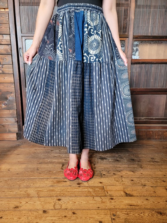 古布 手作り 絣 チェック 型染め スカート ワンピース