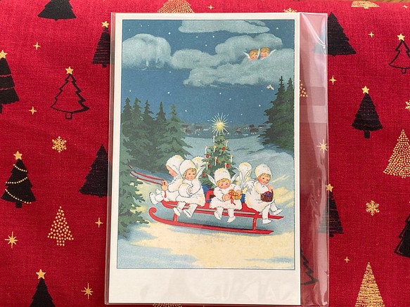 新柄入荷！ドイツより♪クリスマスカード！『アンティーク調 　ポストカード』～ソリに乗る天使たち　１枚～ 1枚目の画像
