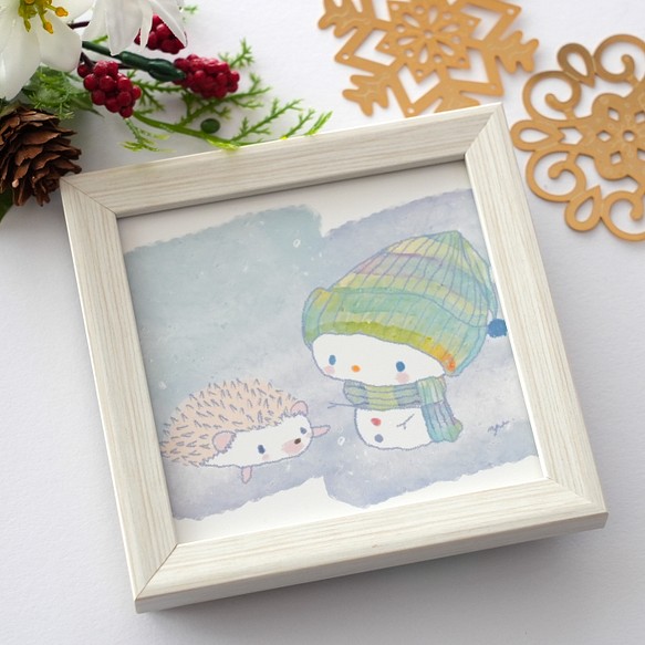 【フレーム付き】「ぺったんハリネズミさんと雪だるまさん」　かわいい　冬　 1枚目の画像