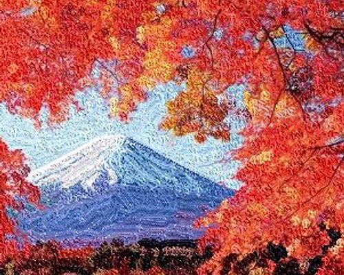 紅葉の中には　／　富士山　油彩　風景　アクリル　スタンド　写実　自然　空　湖