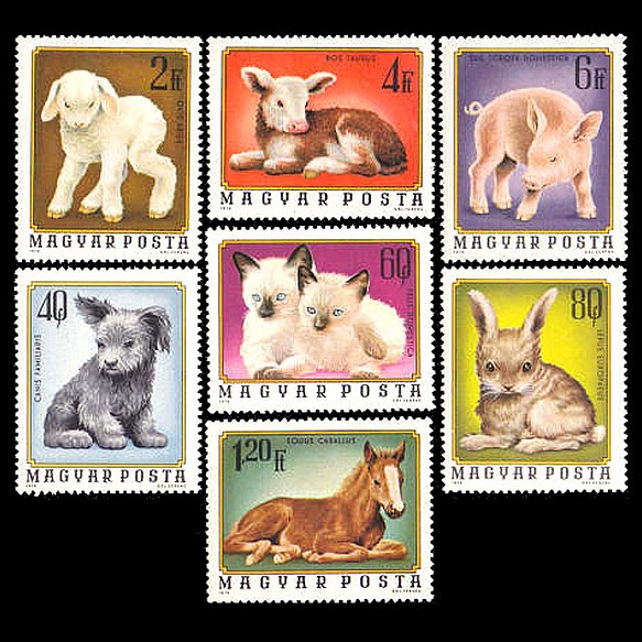 動物の赤ちゃん ハンガリー 1974年 外国切手7種 未使用【猫 犬 うさぎ