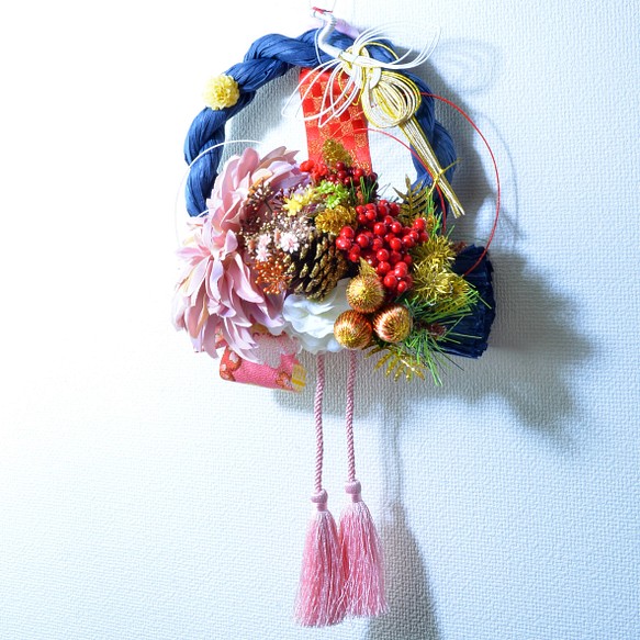 「幸せを呼ぶ」 お正月 しめ縄飾り おしゃれ 手作り ハンドメイド サークルブルー ０３ 1枚目の画像