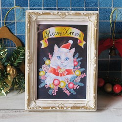 フレーム付きポストカード　クリスマスにゃんこ白フレーム　チョークアートを撮影して印刷したポストカードです 1枚目の画像