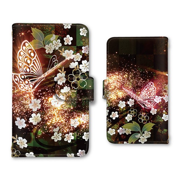 受注制作 蝶 桜 スマホケース 手帳型ケース iPhoneケース 携帯ケース ミラー カード収納ポケット 1枚目の画像