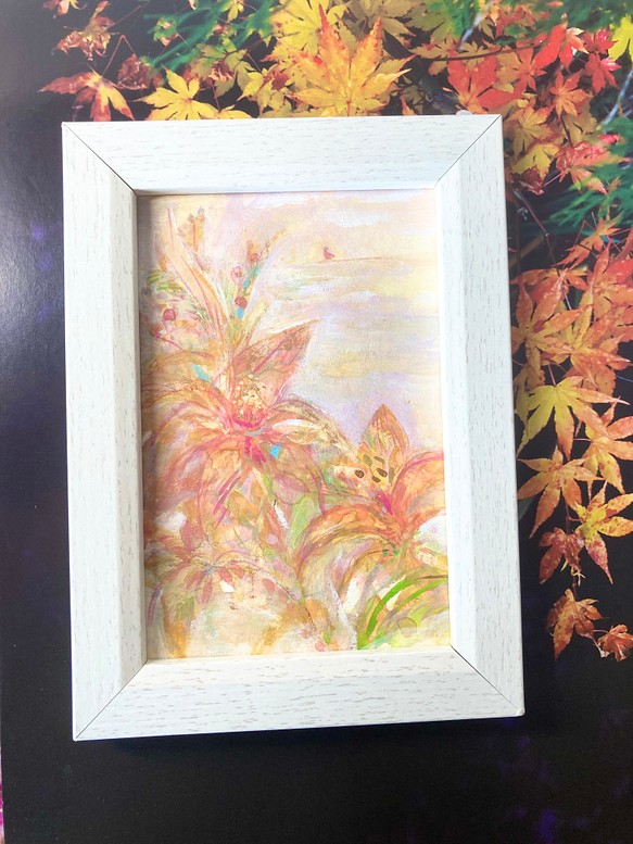 秋の花　ハンドメイド　原画　水彩画　オレンジ 1枚目の画像