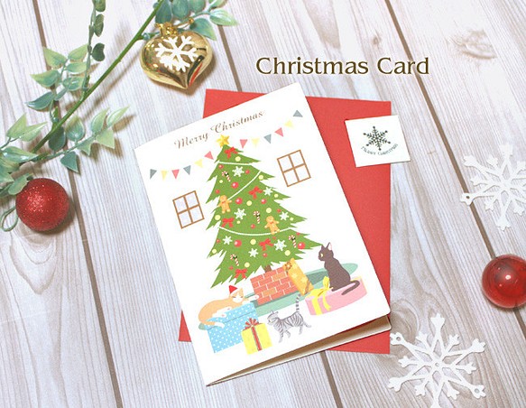 クリスマスカード　ツリーと猫 1枚目の画像