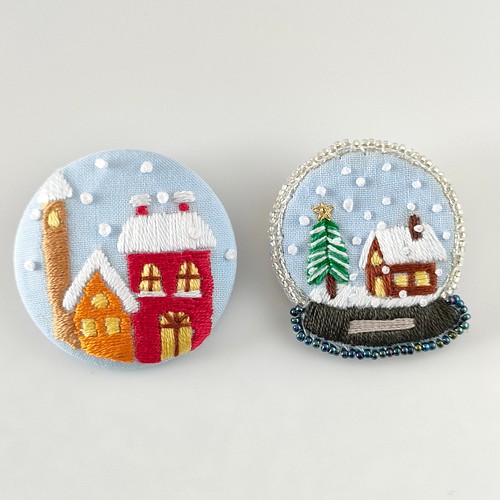 クリスマス雪降る街並み刺繍ブローチ ブローチ かなちゃん手刺繍工房