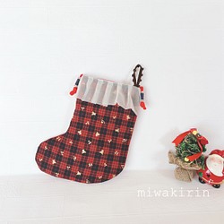 クリスマス靴下オーナメント⭐︎ポシェットにもなる♡チェック✖️くまさん✖️さくらんぼ　女の子　プレゼント　ギフト 1枚目の画像