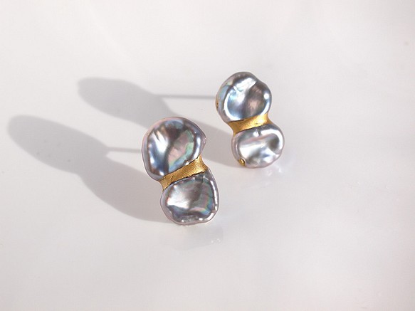 金繼木珍珠【耳環】-銀灰色- | 淡水珍珠巴洛克珍珠金粉14Kgf 第1張的照片
