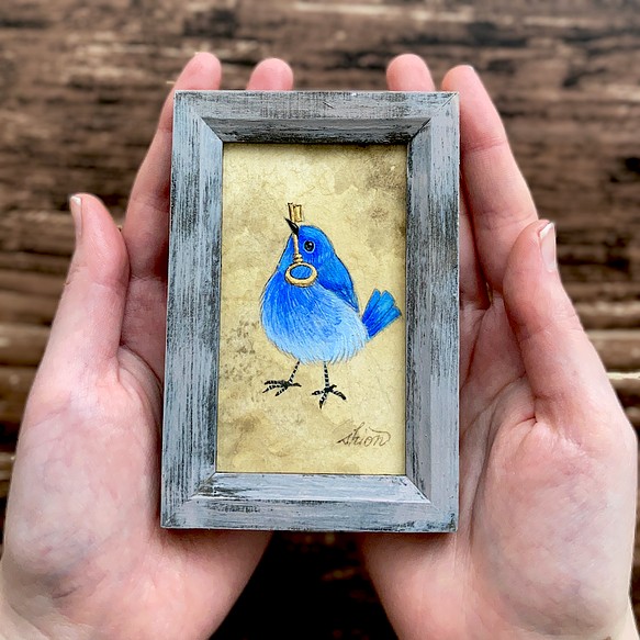 【受注制作】小さな絵画　瑠璃色の鳥①/原画　日本画　かわいい　動物 1枚目の画像