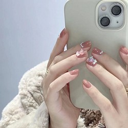 【2022.11新作♥即日発送】韓国ファッション　3Dクマ♥パール　血色ピンク　ネイルチップ　つけ爪　-3147 1枚目の画像