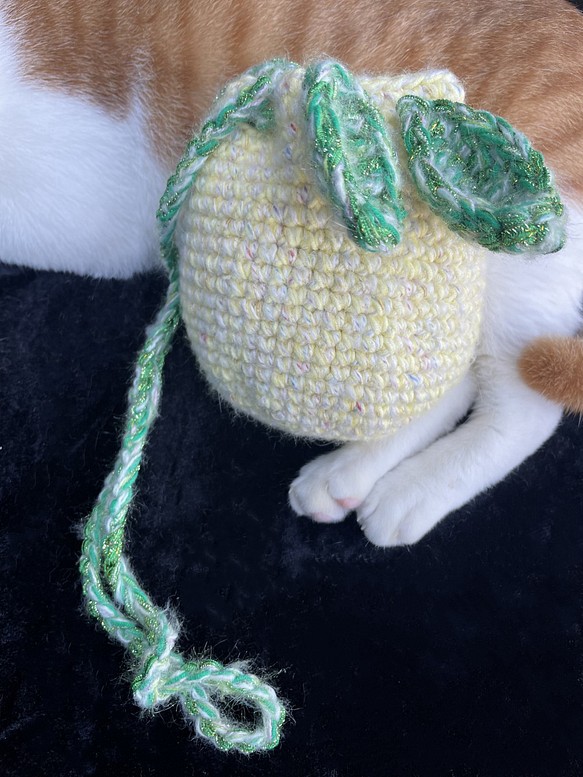 レモン巾着袋 手編みバッグ かわいいフルーツバッグ 1枚目の画像