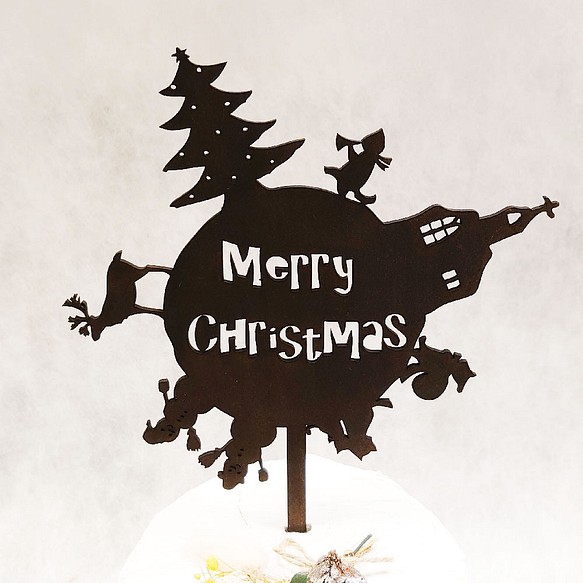 ケーキトッパー Merry Christmas 地球 ブラック 【 クリスマス 飾り 木製バナー 】 1枚目の画像